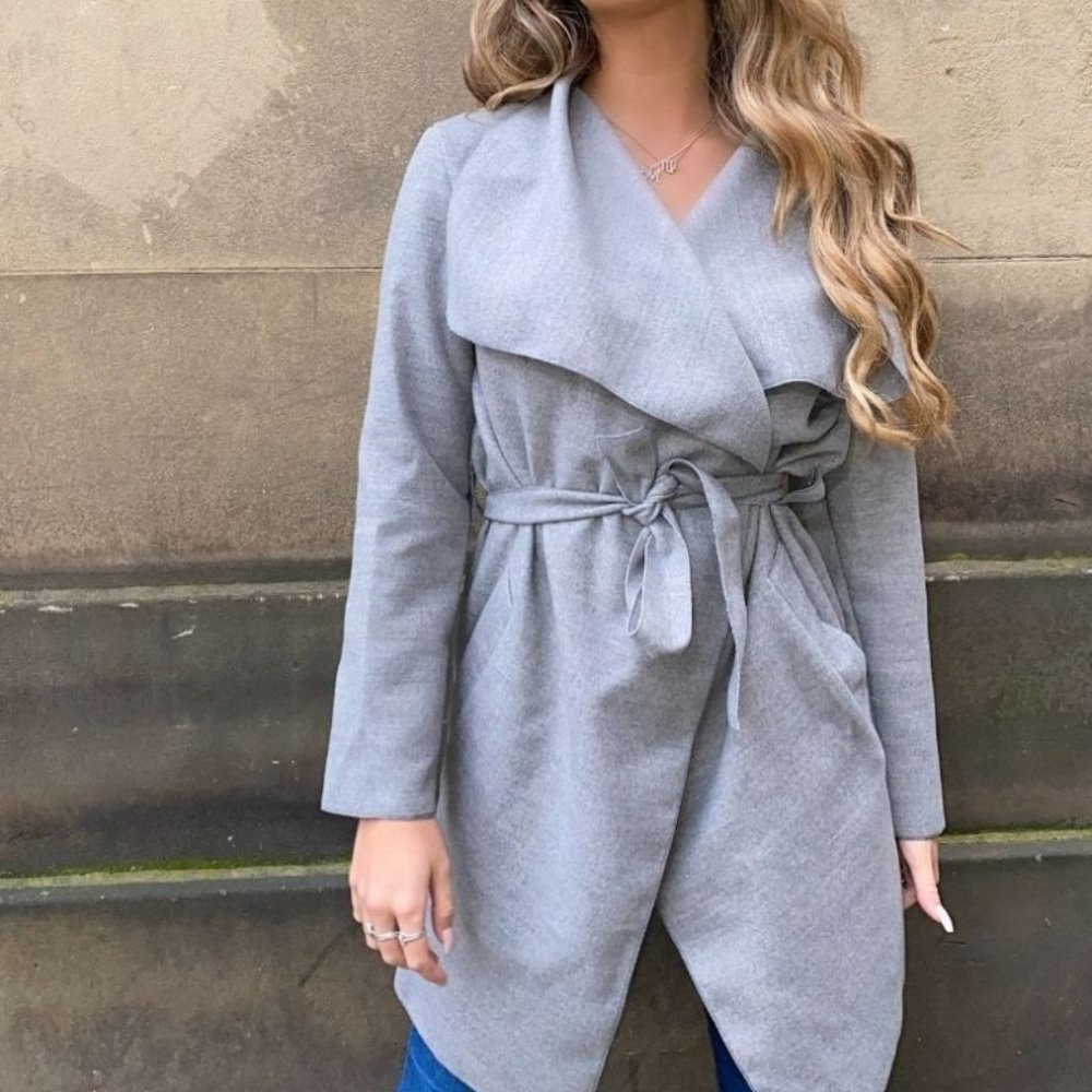 Grey Mid Length Belted Waterfall Coat